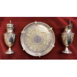 Art Deco Silver Tea Service pieces including Cream Jug, Sugar Shaker and plate, hallmarked to the