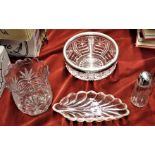 Glass ware, a mixed group of vases and bowls, one bowl having a silver-plate rim and sugar shaker