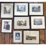 Eight vintage framed photos including a lady and prints of various scenes including "The Old