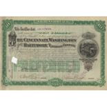 The Cincinnati, Washington and Baltimore Railroad Company 1886 Ten Shares (100$) Certificates, Steam