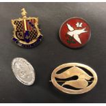 Pin brooches (one hallmarked) silver (1970s) others with enamel (schools) one with Abbots Bromley