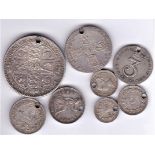 Good batch of holed Silver Coins with 1855 Penny, 1842 1 1/2 Pence, 1825 2d, 1834 3d, 1716 3d,