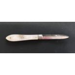 Fruit knife with mother of pearl handle, silver plate dated 1879 made by Thomas Marples. Scarce with