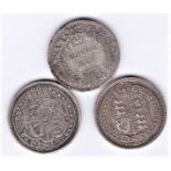 1819 Sixpence, engraved initial 'B'; 1872 Die 17 Sixpence, fine; 1887 Sixpence, good (3)