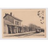 French Railway postcard, St Gaultier (Indre) la Gare station, just arriving, passengers etc Pub