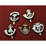 British Military Cap Badges (5) including: King's Somerset Light Infantry, Cornwall Light