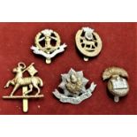 British Military Cap Badges (5) including: The Cheshire Regt, Inniskilling Fusiliers, Middlesex