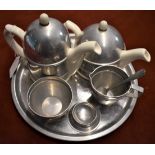 Chrome 1940s Stay Hot Tea pot and coffee pot and small metal plate (23cm) with egg cup, spoon, small