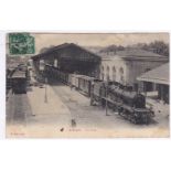 France, Railway 1907 used postcard Beziers station fine b/w view with full steam locomotive and