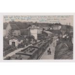 France, Railway, Pont sur Yonne busy station with activity, pub Rocher, used 1919
