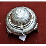 Indian (White-metal) Inkwell or Ashtray, an interesting design on three legs with a lid that rolls