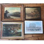 Four framed pictures including: Print of the Epsom horse racing scene "The Grand Stand", possibly