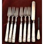 Silver and Pearl handled cutlery (8) pieces in good condition, five forks, one pair of tweezers