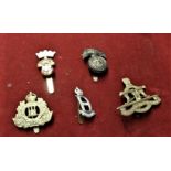 British Military Cap Badges (5) including: Northumberland Fusiliers, Suffolk Regt Economy issue,