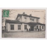 France Railway postcard, Jaulgonne la Gare station, front of station view, few staff, used 1909