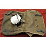 German Reproduction WWII M31 Pattern Brotbeutel Knapsack and enamel mug said to have been used on