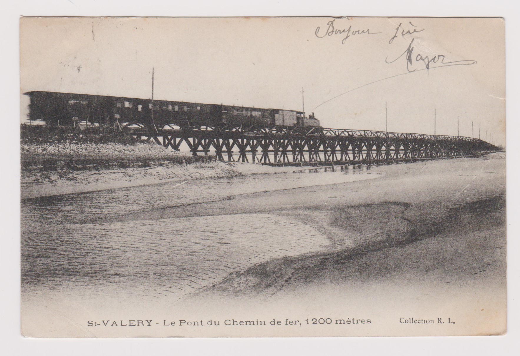 Railway postcard France St Valery Railway Bride (1200 metres) with locomotive used 1904