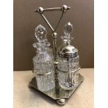 Silver plated Cruet Set Stand with mustard pot, salt/sugar shaker/ and two mini decanter style