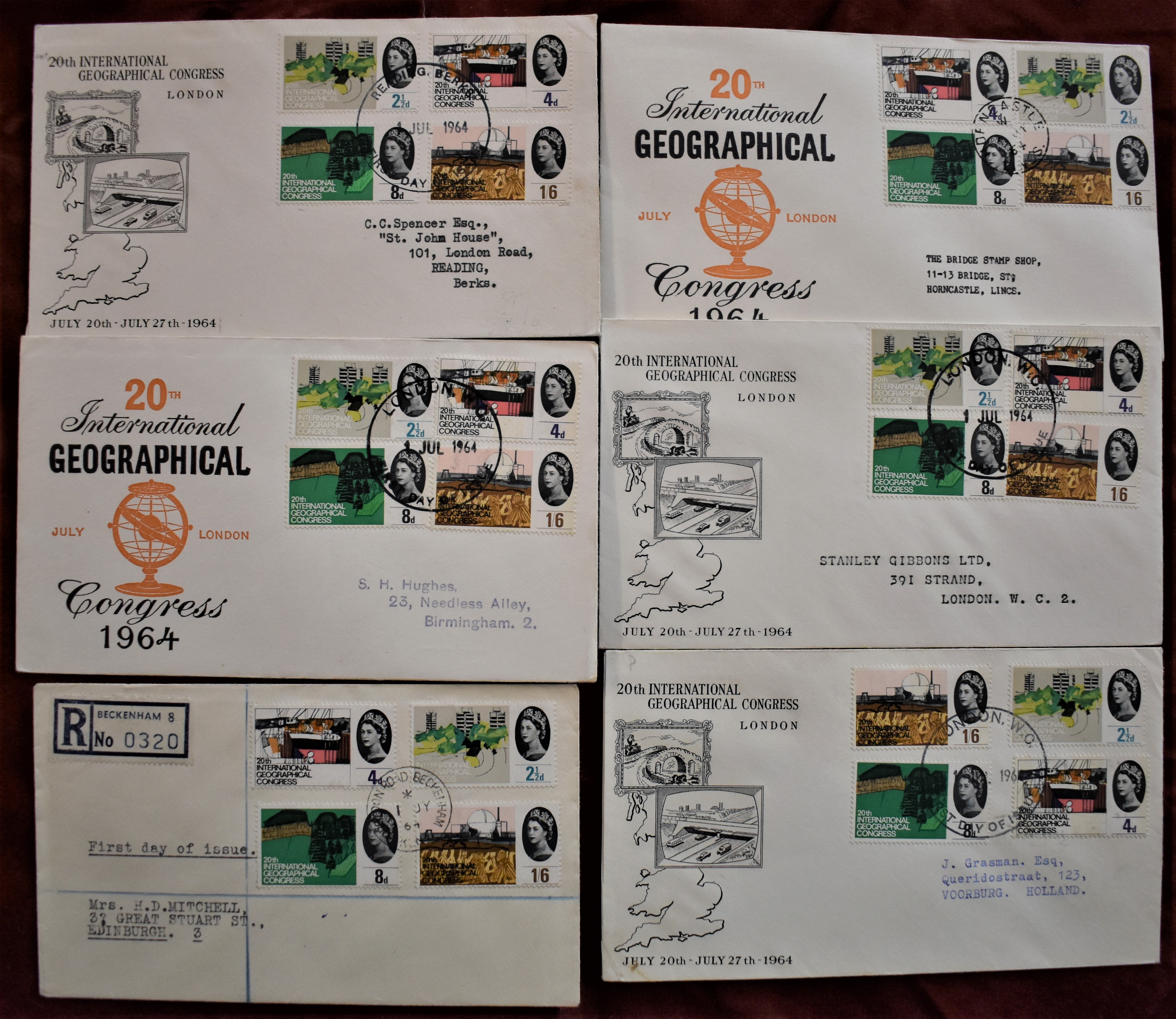 Great Britain 1964 (1 July) Geographical Congress FDCs (non-phos), (3) Phosphor (3), (6 in total)