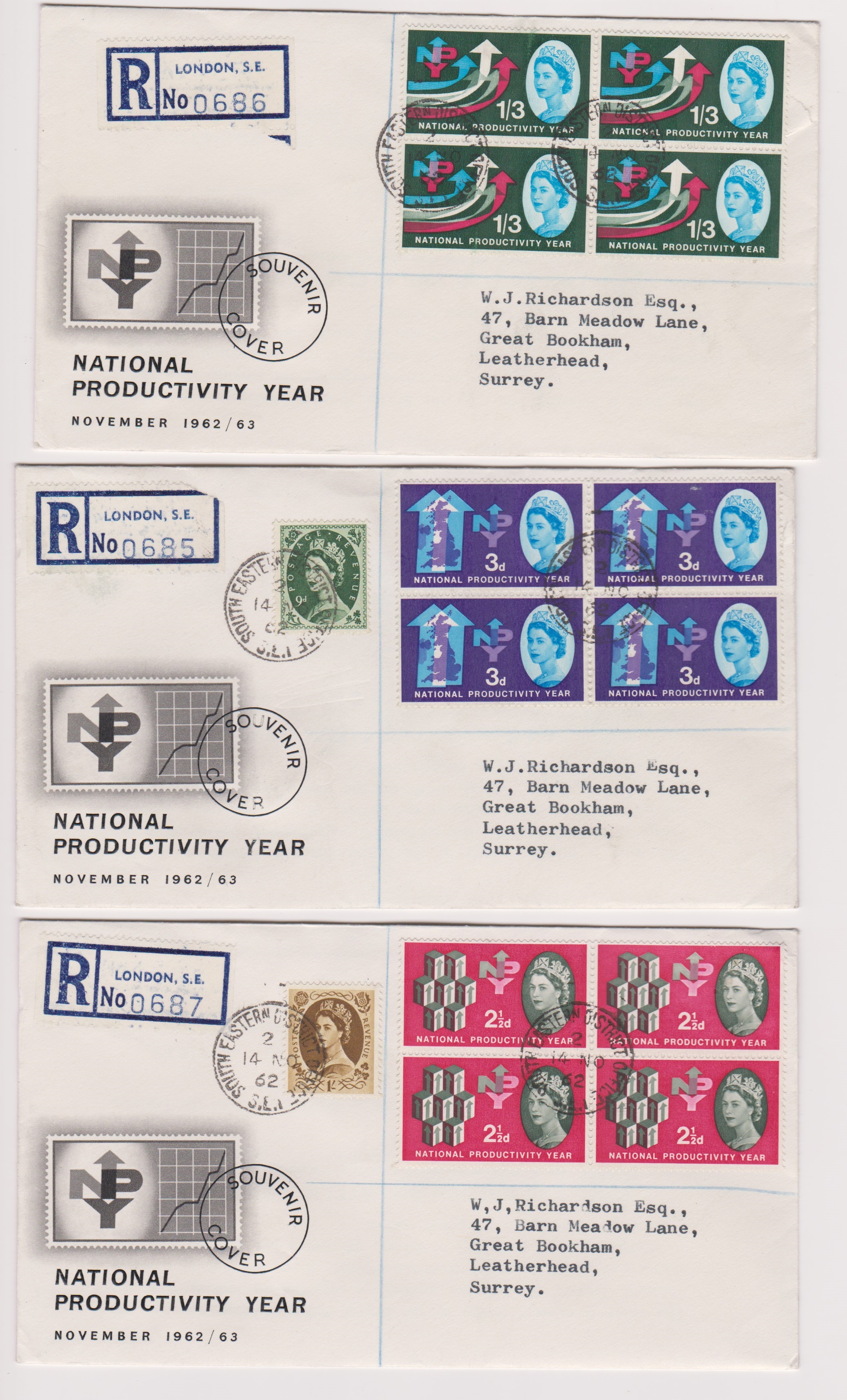 Great Britain 1962 (14 Nov) National Productivity Year - Phosphor set of FDC's, blocks of four on