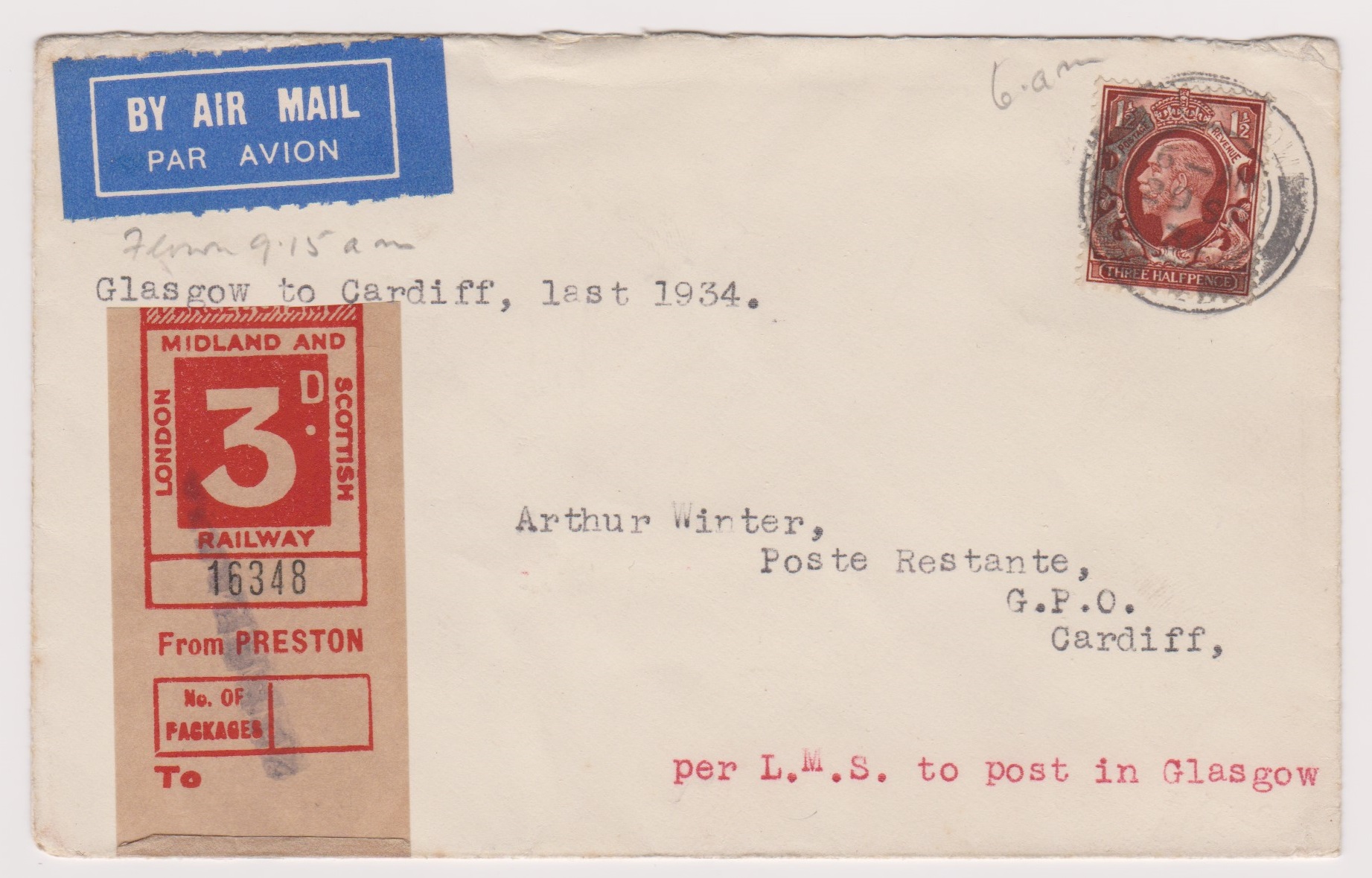 Great Britain 1939 (20 Sept) Flown Airmail Env Glasgow to Cardiff, LMS 3d Stamp per LMS to post in
