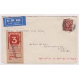 Great Britain 1939 (20 Sept) Flown Airmail Env Glasgow to Cardiff, LMS 3d Stamp per LMS to post in
