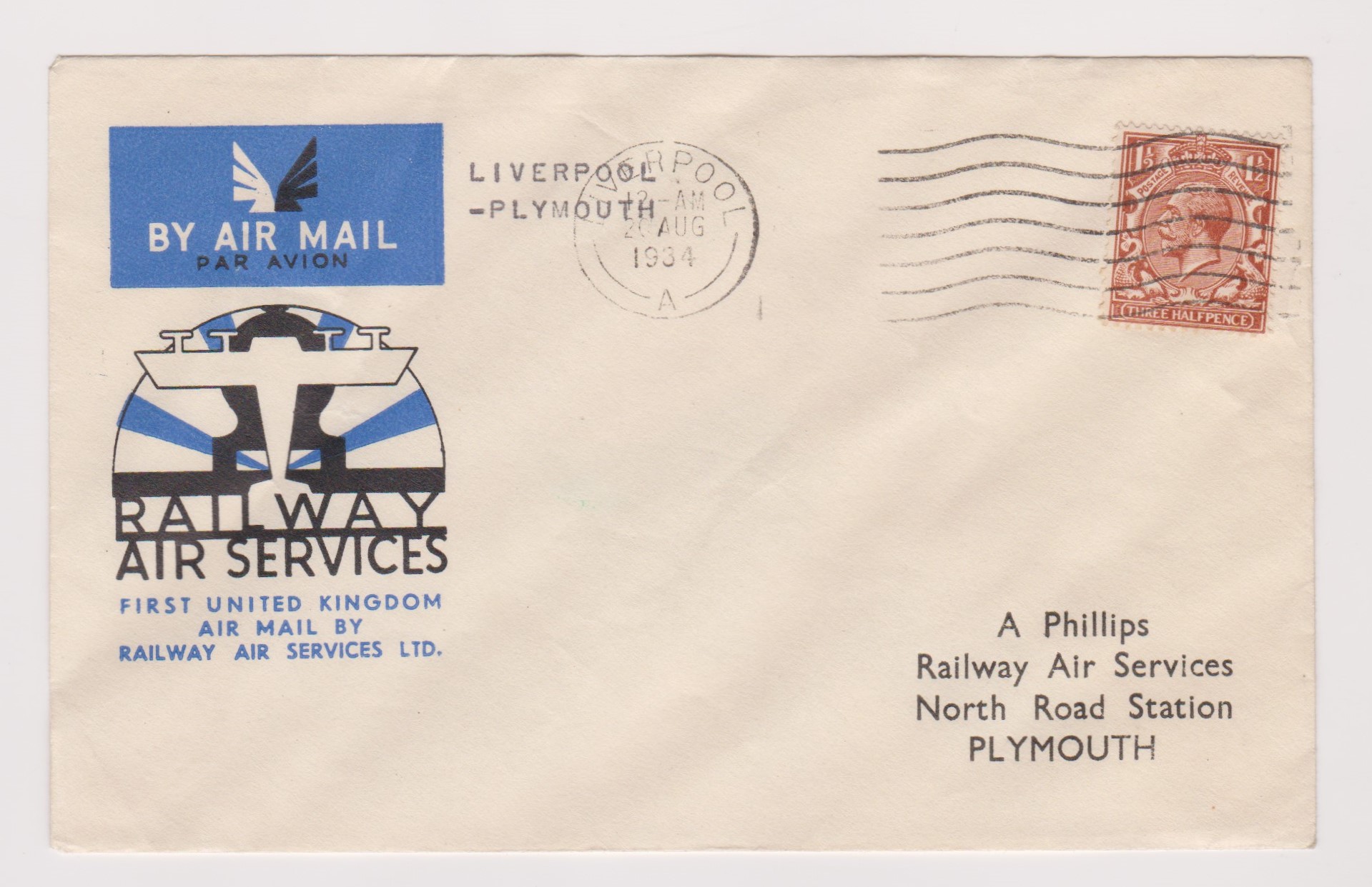 Great Britain 1934 1 1/2d Red brown, Liverpool FDI on illustrated Railway Air Services Liverpool-