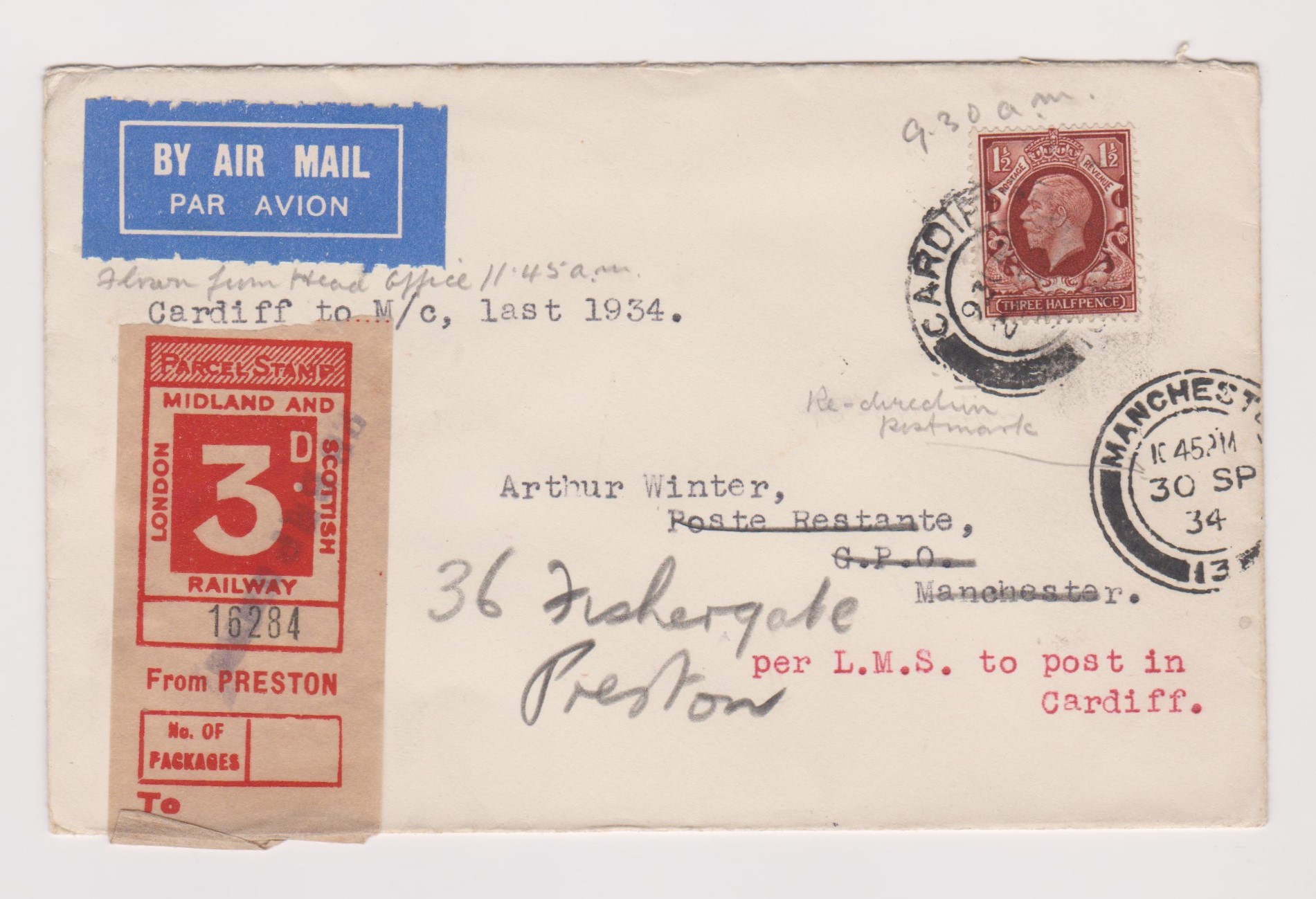 Great Britain 1934 (30 Sept) Cardiff-Manchester Airmail Flight cover with 3d LMS Paper stamp.