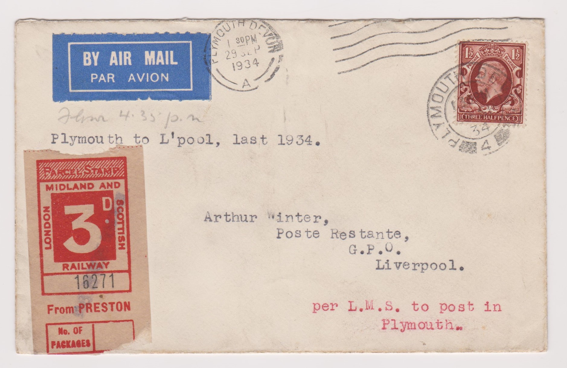 Great Britain 1934 (29 Sept) Flown cover, Airmail Plymouth to Liverpool 'per LMS to post in