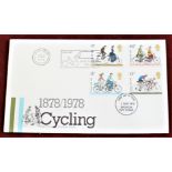 Great Britain 1978 (2 Aug) Cycling Centenary set on PO FDC with 'Driver mind that Bike' slogan,