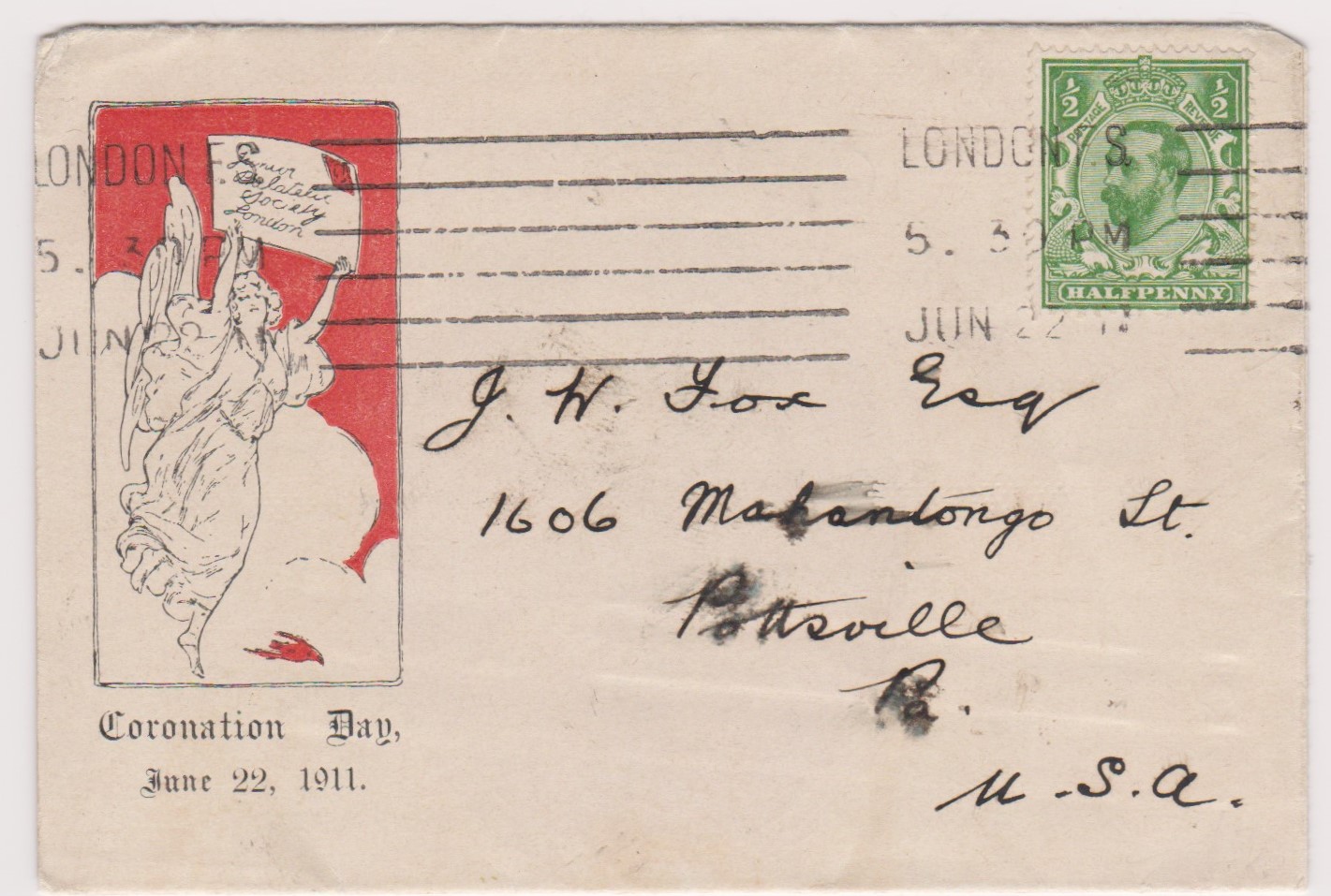 Great Britain 1911 (22 June) King George V Downey Head 1/2d Green First Day Cover on Junior
