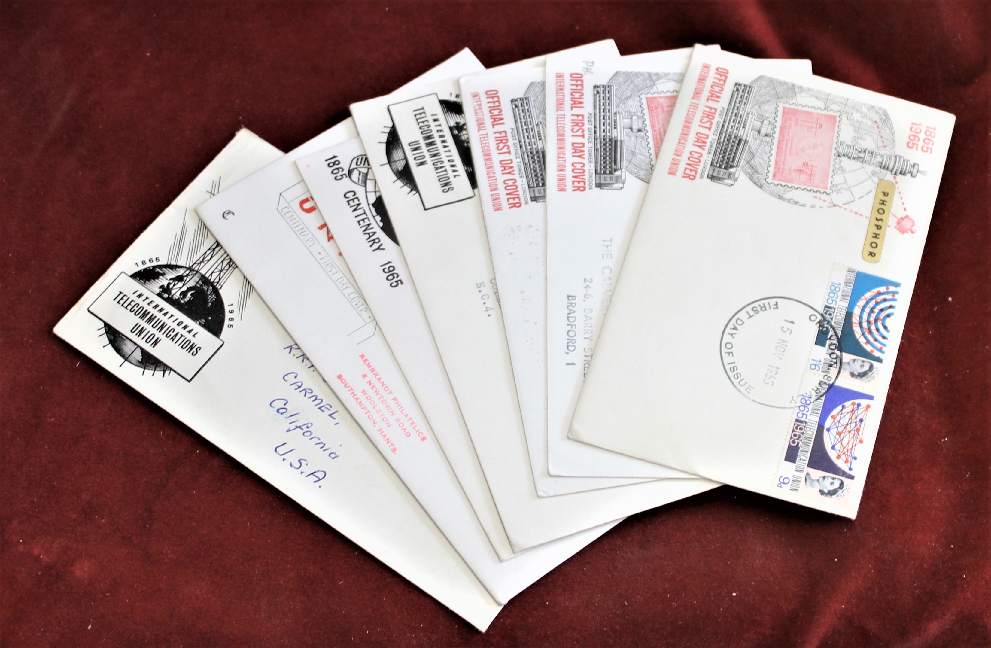 Great Britain 1965 (15 Nov) International Telecommunications, Phosphor sets on FDCs (7)