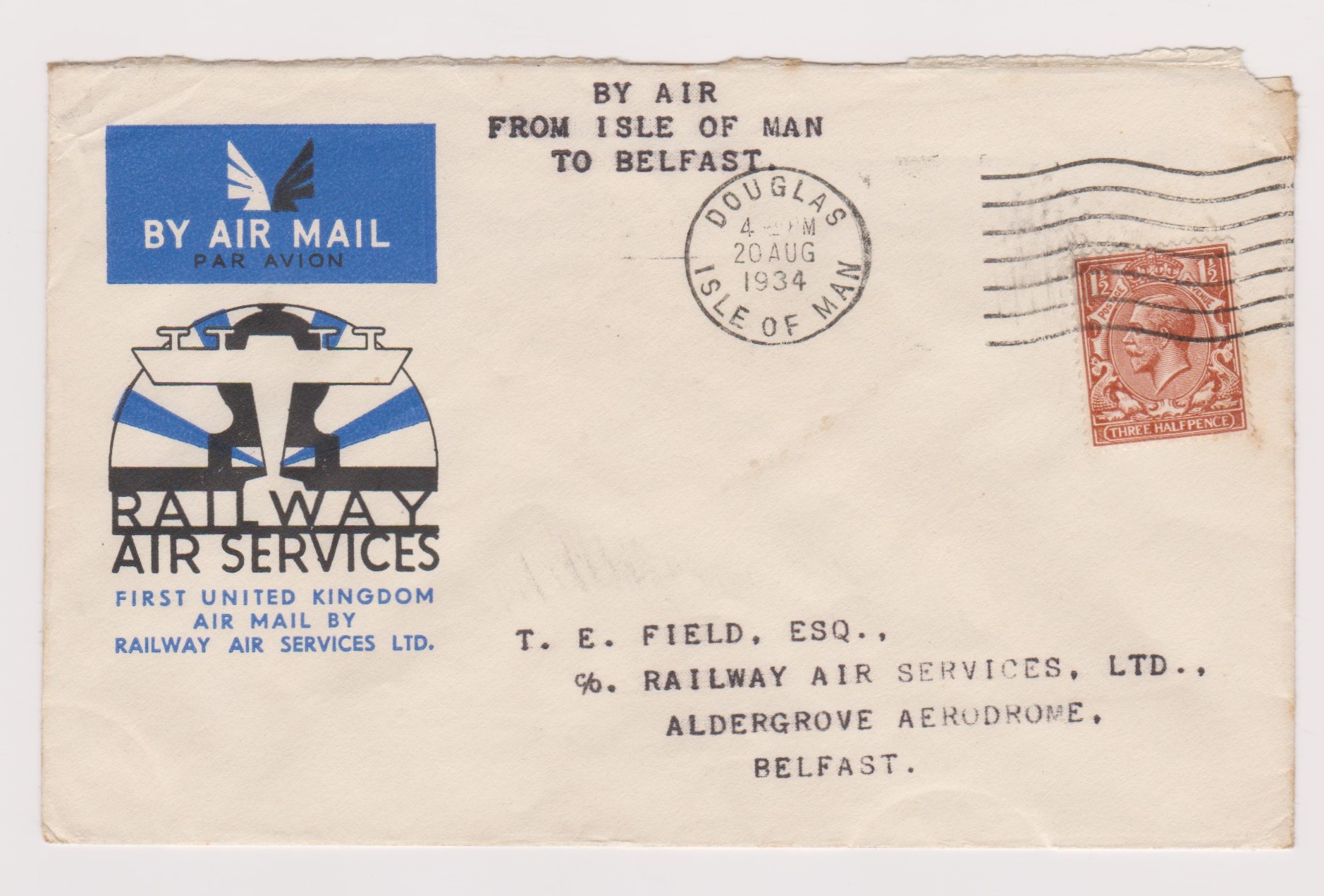 Great Britain 1934 (20 Aug) 1 1/2d Red brown to Railway Air Services FDC 'By Air from Isle of Man to