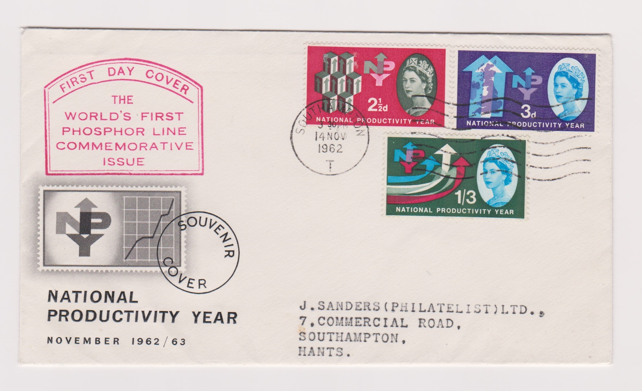 Great Britain 1962 National Productivity Year - Phosphor set FDC, Southampton 'T' wavy line