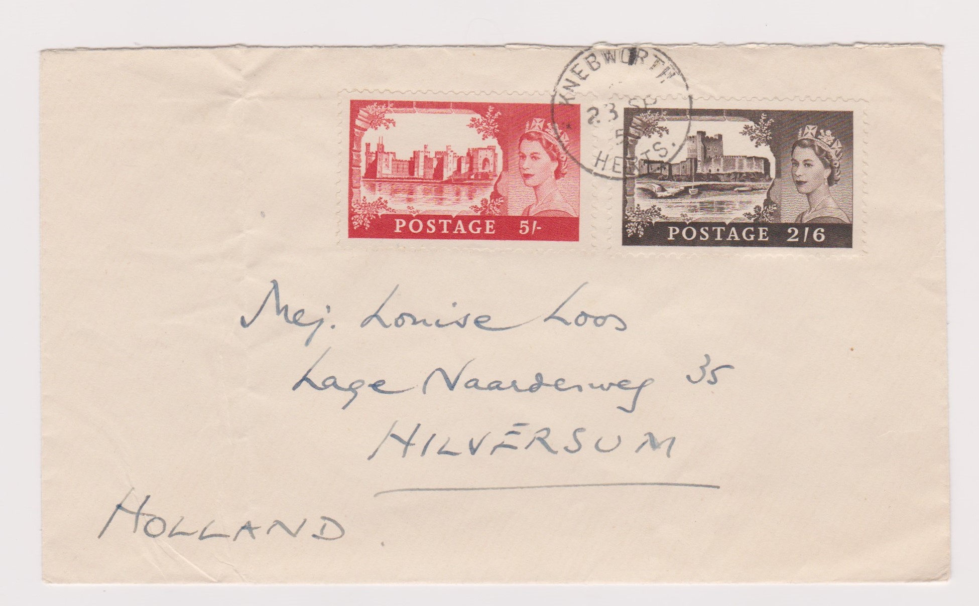 Great Britain 1955 (23 Sept) Castle High Values 2/6 and 5/-, on one cover. Knebworth FDI cds, A/W