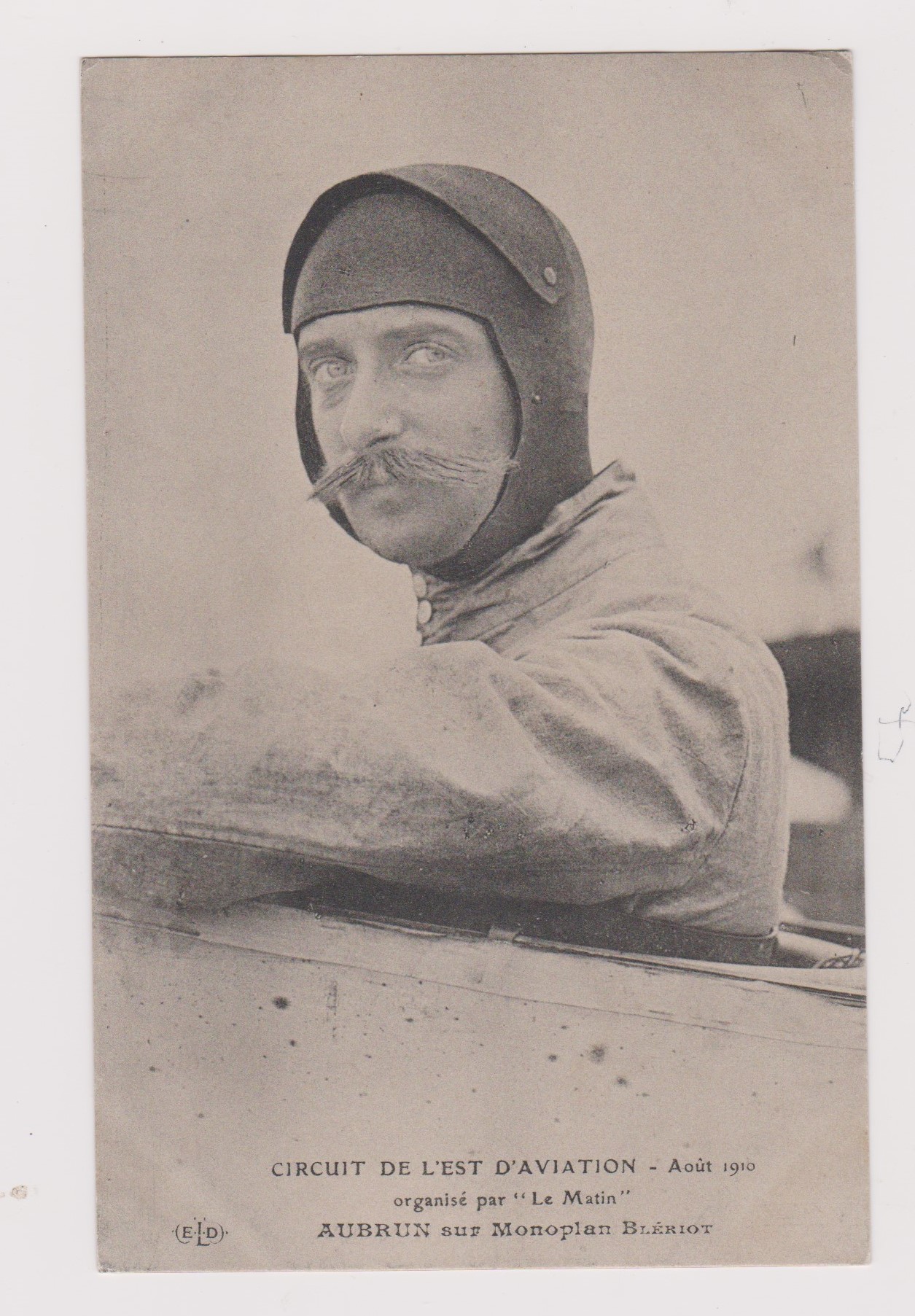 French Aviation Fine 1910 portrait photo (Le Matin) of Aubrun seated in Monoplane Bleriot. Pub ELD