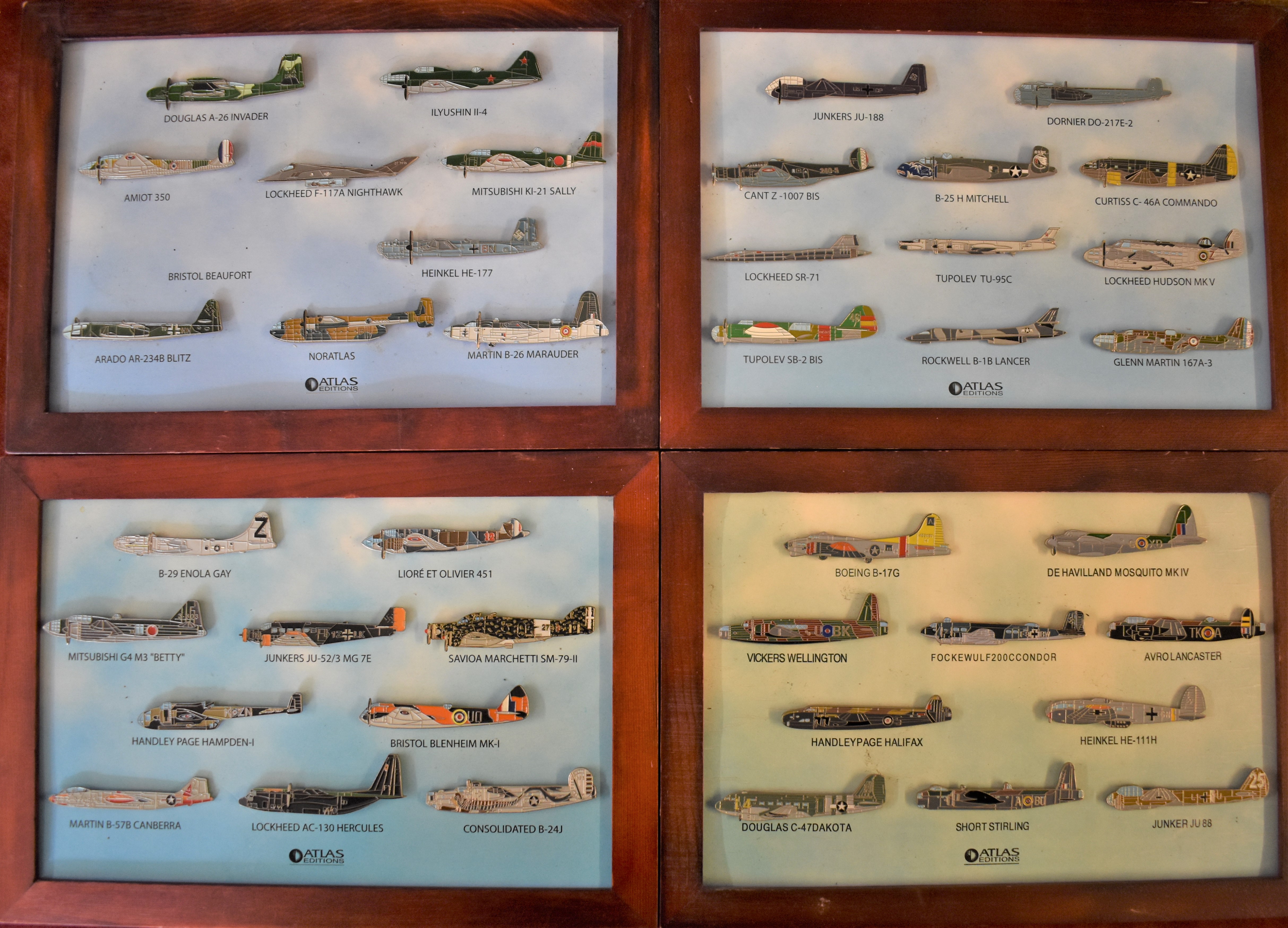 Atlas Editions Military Aircraft Pins (42) on framed boards, a good collection of pins.