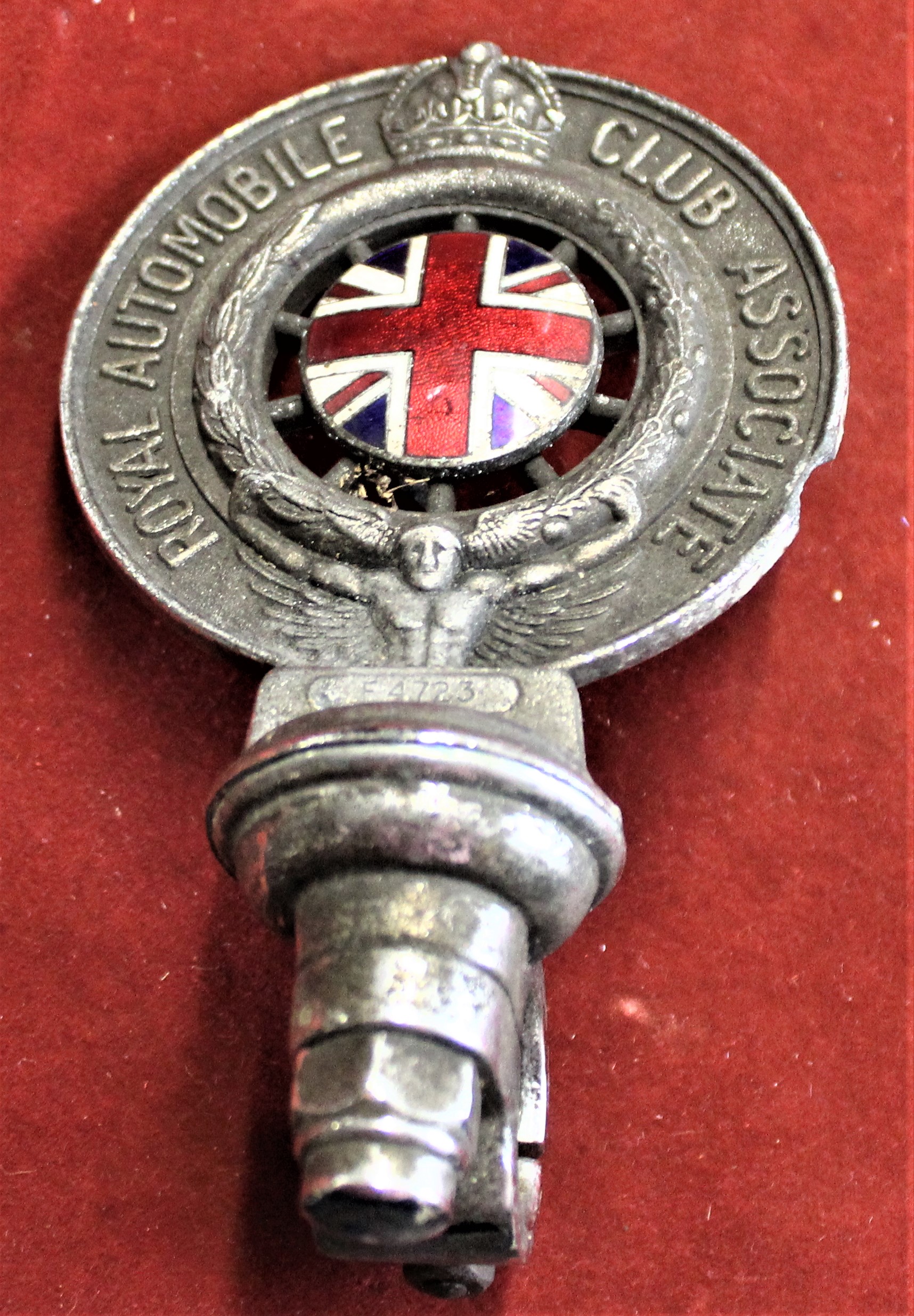 Royal Automobile Club Association Enamel Car Badge F4723, c.1930s, with fitting for attaching to a