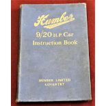 1925 Humber 9/20 H.P.Car Instruction Book, Published: Humber Limited Coventry in remarkably good