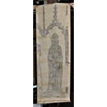 Brass rubbing od a Medieval Lady standing next to a knight, the knight is missing but the rubbing of