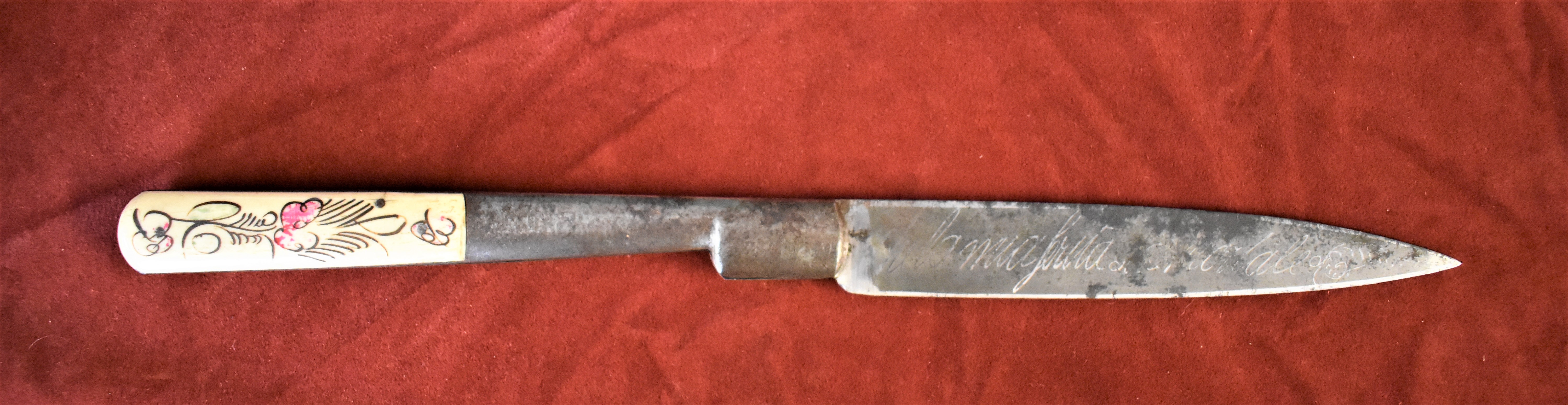 19th century Corsican Vendetta knife the 25.5 cm folding blade etched with foliage and inscriptions: