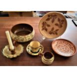 British Pottery including a Longpark Torquay Jug, Candlestick holder and Coffee cup with saucer with