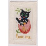 WWI Silk A scarce black cat / Love Me from her boy in France Dec 15th 1916. To Mrs Robinson