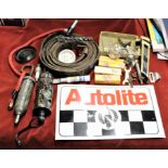 Assorted mostly vintage box - grease gun, inspection light (early), plugs in original plugins,
