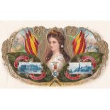 Young Lady surmounted on gold tobacco leaf patriotic scene & flags surrounded by gold border &