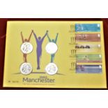 Great Britain 2002 Manchester Commonwealth Games £2 (4) set and stamp set on coin and First Day