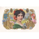 Cigar box label vintage sample/proof Lady surrounded by flowers & gold coins no 14209