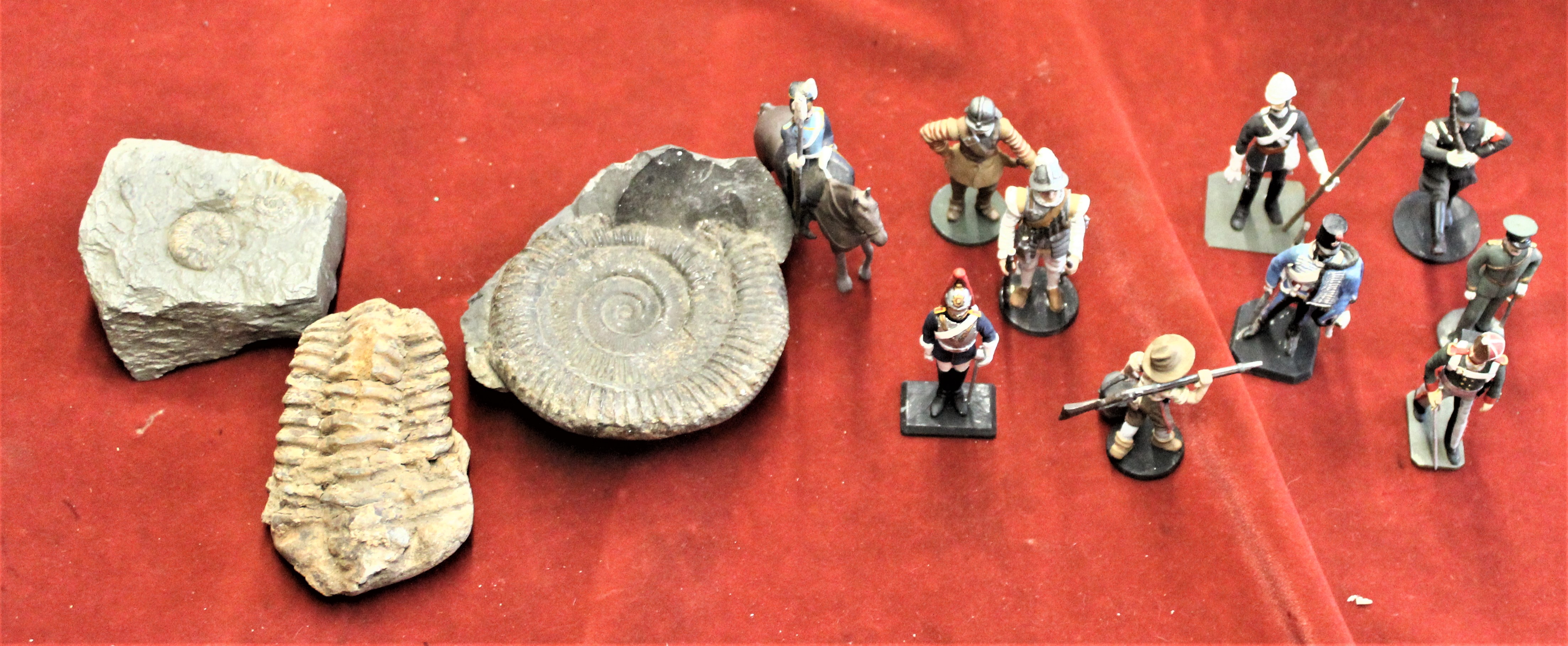 Lead Soldiers and fossils in a box including (10) lead soldiers with British and German Infantry and