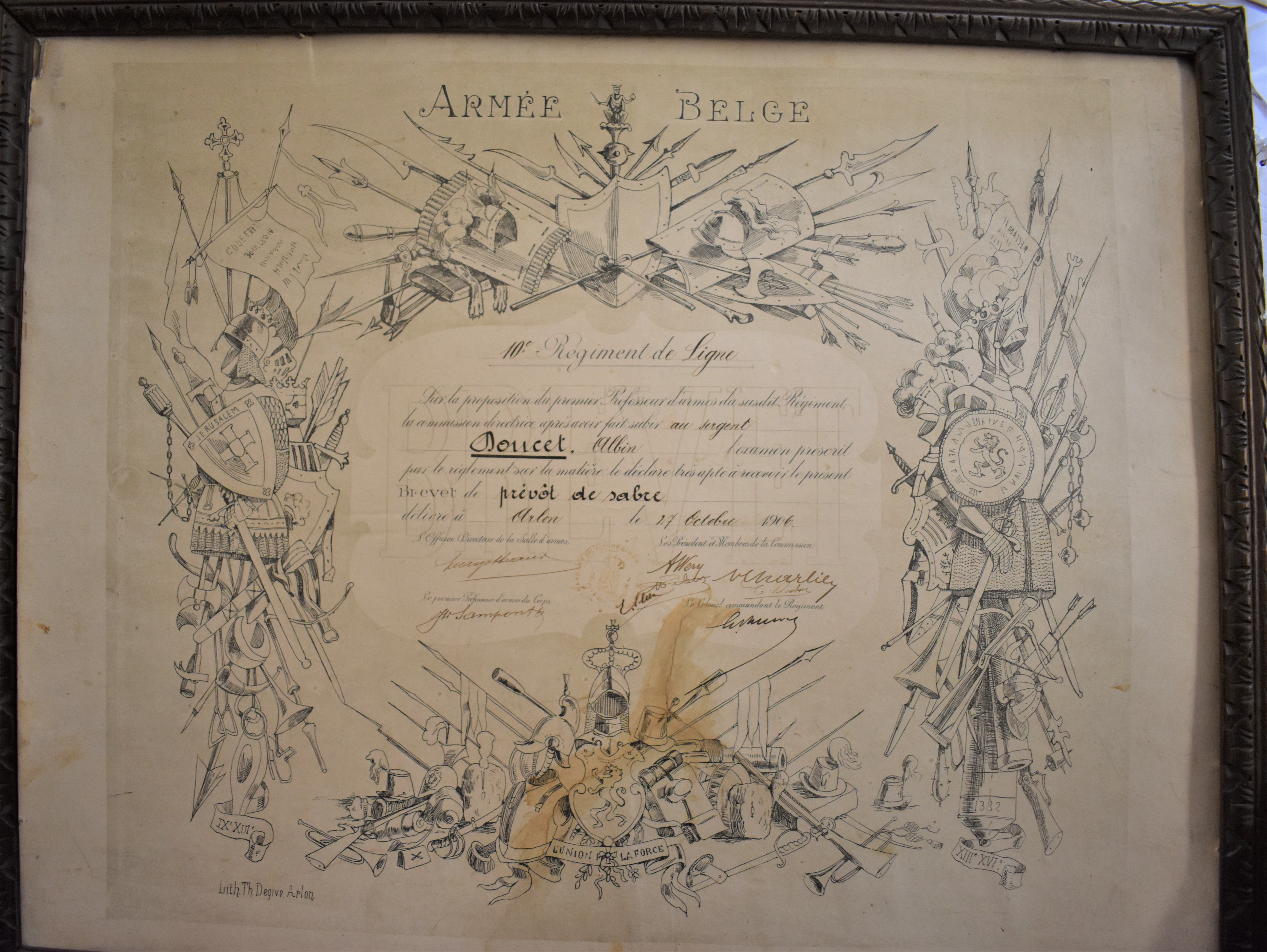 Belgian 1906 Army Course Brevet Certificate for an NCO of the 10th Regiment of the Line (10e