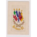 Great Britain WWI Silk Postcard, 'Britons All' with flags of the Allies, slightly toned
